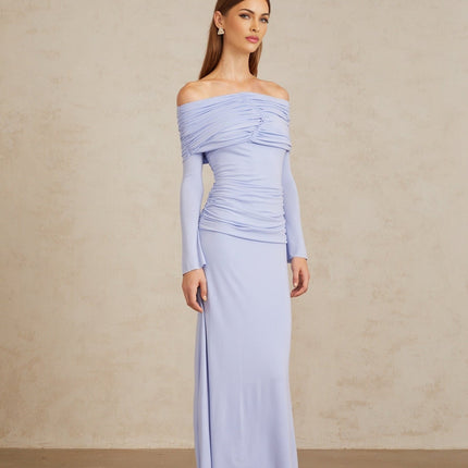 Rosanna Light Blue Maxi Dress with Off-Shoulder Silhouette and Flared Sleeves in Terylene Fiber