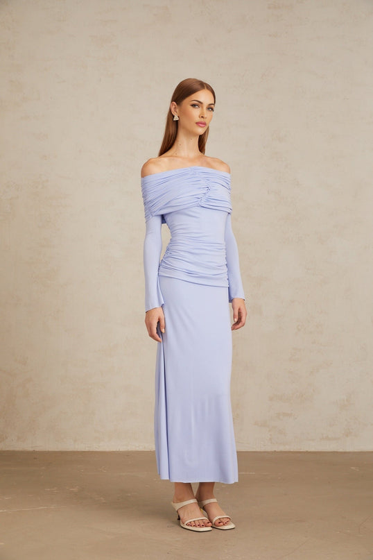Rosanna Light Blue Maxi Dress with Off-Shoulder Silhouette and Flared Sleeves in Terylene Fiber