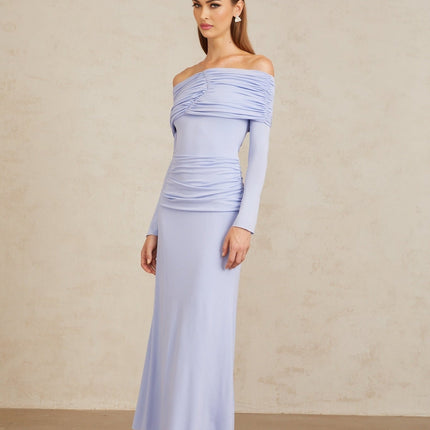Rosanna Maxi Dress in Light Blue Off-Shoulder Silhouette Flared Sleeves Ruched Detailing Fitted Waistline Stretch Design 100% Terylene Fiber Rear Zip Fastening Maxi Length Special Occasions Elegant Evenings Style Grace