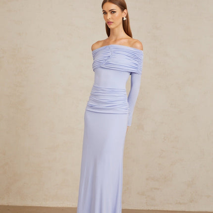 Rosanna Maxi Dress Light Blue Off-Shoulder Flared Sleeves Ruched Detailing Fitted Waistline Stretch Design Terylene Fiber Rear Zip Fastening Maxi Length Special Occasions Elegant Evenings Style Grace