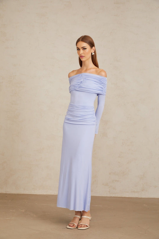 Rosanna Maxi Dress Light Blue Off-Shoulder Flared Sleeves Ruched Detailing Fitted Waistline Stretch Design Terylene Fiber Rear Zip Fastening Maxi Length Special Occasions Elegant Evenings Style Grace