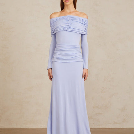 Rosanna Maxi Dress in Light Blue Off-Shoulder Silhouette Flared Sleeves Ruched Detailing Fitted Waistline Stretch Design 100% Terylene Fiber Rear Zip Fastening Maxi Length Special Occasions Elegant Evenings Out Statement Piece Style Grace