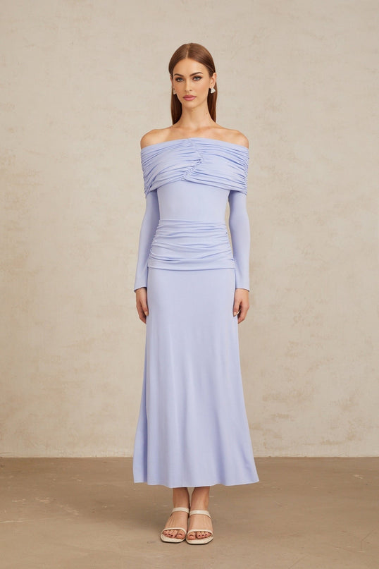 Rosanna Maxi Dress in Light Blue Off-Shoulder Silhouette Flared Sleeves Ruched Detailing Fitted Waistline Stretch Design 100% Terylene Fiber Rear Zip Fastening Maxi Length Special Occasions Elegant Evenings Out Statement Piece Style Grace