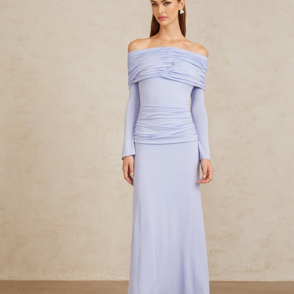 Rosanna Maxi Dress in Light Blue Off-Shoulder Silhouette Flared Sleeves Ruched Detailing Fitted Waistline Stretch Design 100% Terylene Fiber Rear Zip Fastening Maxi Length