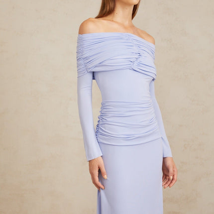 Rosanna Maxi Dress in Light Blue Off-Shoulder Silhouette Flared Sleeves Ruched Detailing Fitted Waistline Stretch Design 100% Terylene Fiber Rear Zip Fastening Maxi Length Special Occasions Elegant Evenings Style Grace