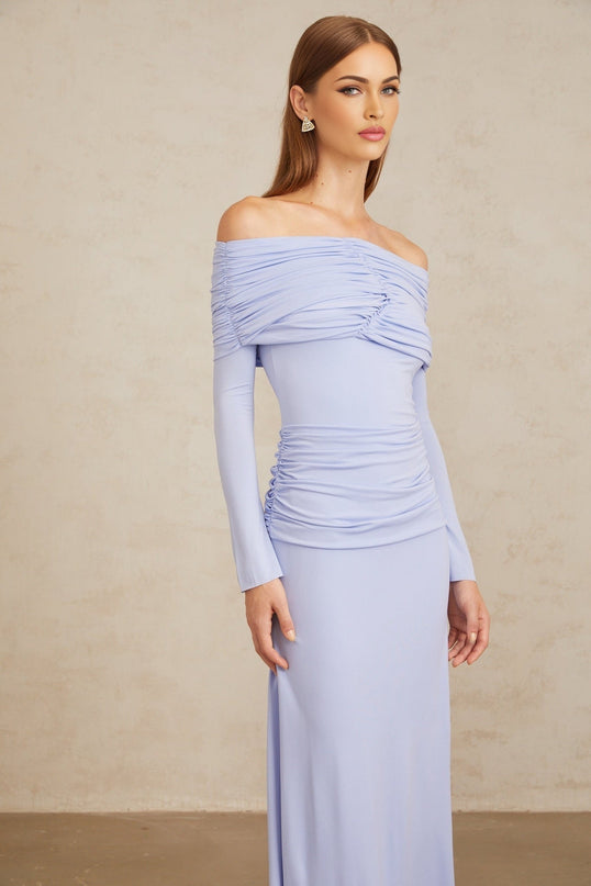 Rosanna Maxi Dress in Light Blue Off-Shoulder Silhouette Flared Sleeves Ruched Detailing Fitted Waistline Stretch Design 100% Terylene Fiber Rear Zip Fastening Maxi Length Special Occasions Elegant Evenings Style Grace