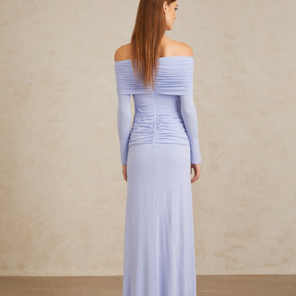 Rosanna Maxi Dress in Light Blue Off-Shoulder Silhouette Flared Sleeves Ruched Detailing Fitted Waistline Stretch Design 100% Terylene Fiber Rear Zip Fastening Maxi Length Special Occasions Elegant Evenings Out Statement Piece Style Grace