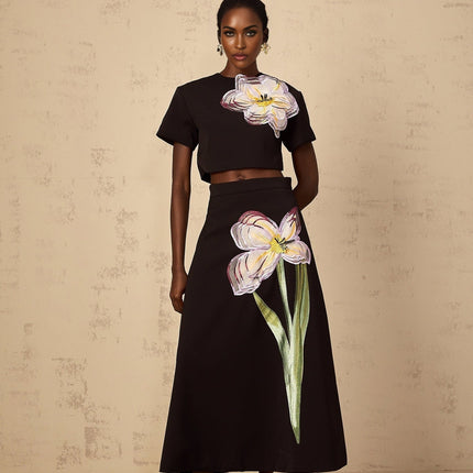 Rosaura Black Floral Appliqué Top and Skirt Set