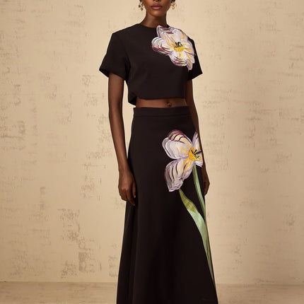 Rosaura Black Floral Appliqué Top and Skirt Set