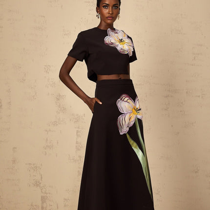 Rosaura Black Floral Appliqué Top and Skirt Set