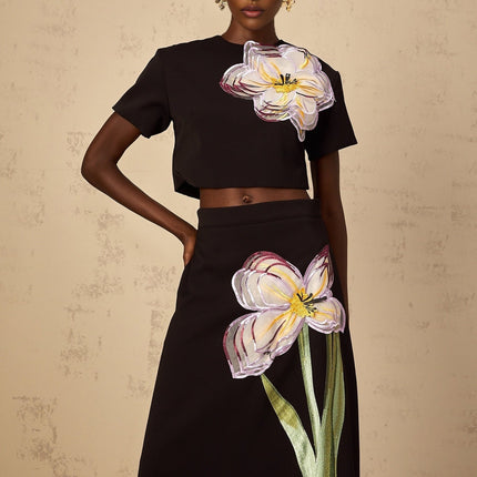 Rosaura Black Floral Appliqué Top and Skirt Set