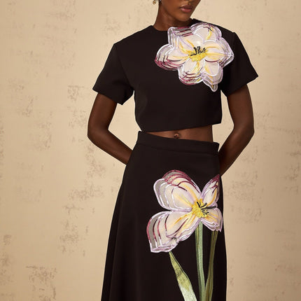Rosaura Black Floral Appliqué Top Skirt Set