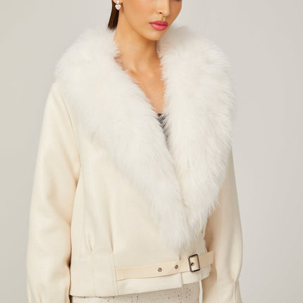 Rosaura White Faux Fur Coat Luxurious Suede Artificial Fox Fur Buckle Fastening Front Pockets