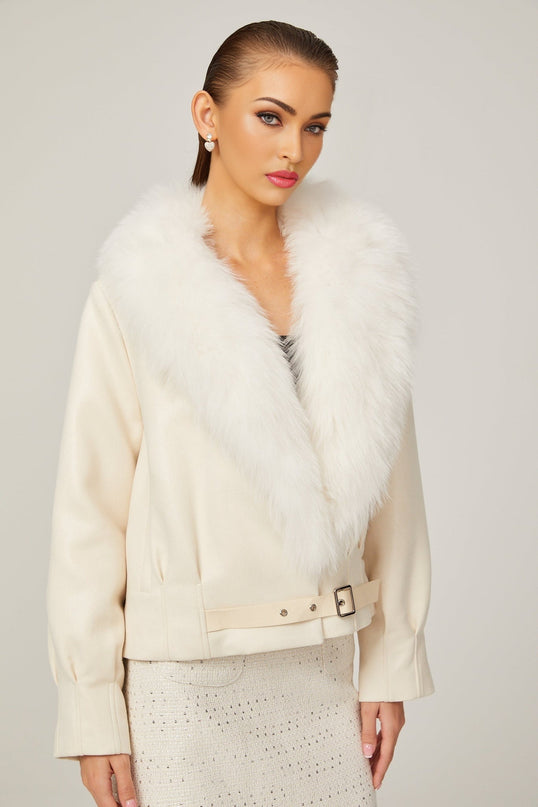 Rosaura White Faux Fur Coat Luxurious Suede Artificial Fox Fur Buckle Fastening Front Pockets
