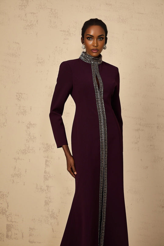 Rosaura Purple Maxi Dress with Rhinestone and Crystal Embellishments