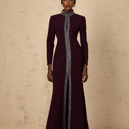 Rosaura Purple Maxi Dress Flared Stand-Collar Rhinestone Crystal Embellishments Cinched Waist Front Slit Long Sleeves Floor-Length