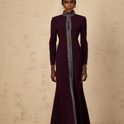 Rosaura Purple Maxi Dress Flared Stand-Collar Shoulder Pads Rhinestone Crystal Embellishments Cinched Waist Front Slit Long Sleeves Rear Zip Fastening Floor-Length 65% Cotton 35% Terylene Fiber Women's Fashion Elegant Luxury Glamour Sophisticated Opulent Graceful Burgundy Color