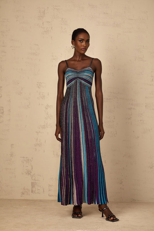 Rosaura Purple Sequin Stripe Knit Metallic Maxi Dress