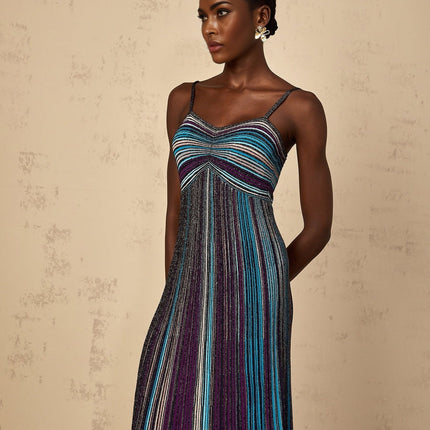 Rosaura Purple Sequin Stripe Knit Metallic Maxi Dress
