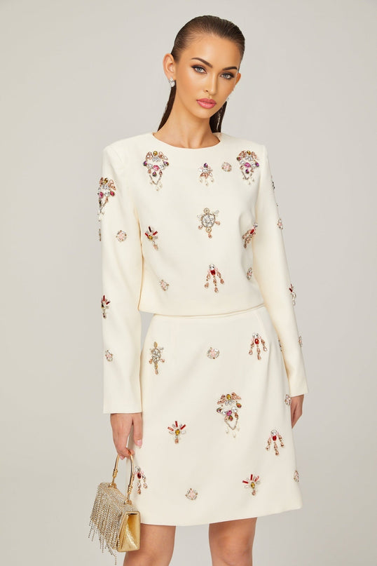 Rosaura White Crystal Embellished Skirt Top Set