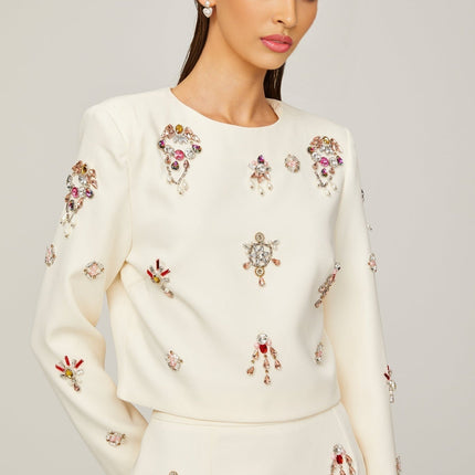 Rosaura White Crystal Embellished Skirt Top Set