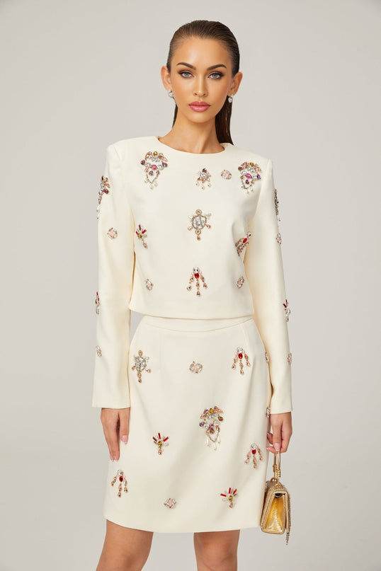 Rosaura White Crystal Embellished Skirt Top Set