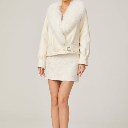 Rosaura White Faux Fur Coat Jacket Luxurious Suede Artificial Fox Fur Buckle Fastening