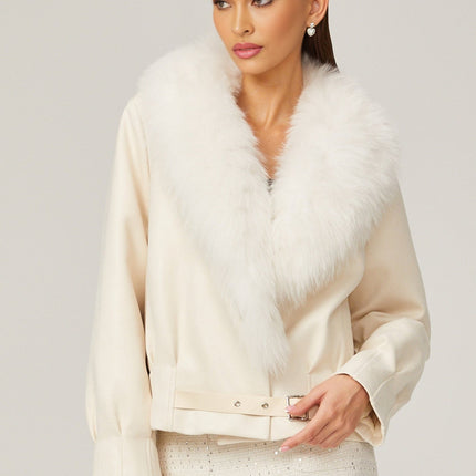 Rosaura White Faux Fur Coat Jacket Luxurious Suede Artificial Fox Fur Buckle Fastening