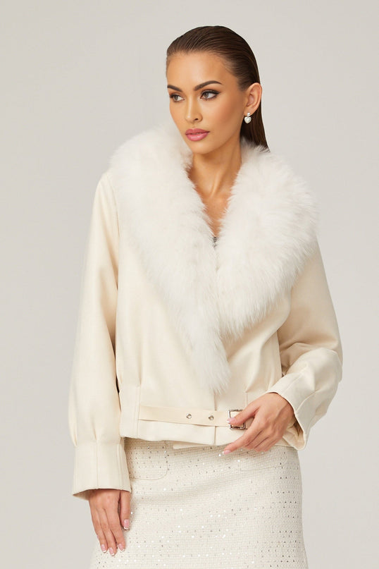Rosaura White Faux Fur Coat Jacket Luxurious Suede Artificial Fox Fur Buckle Fastening