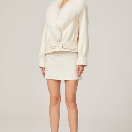 Rosaura White Faux Fur Coat Jacket Suede Artificial Fox Fur Buckle Fastening Front Pockets