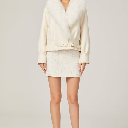 Rosaura White Faux Fur Coat Jacket Suede Artificial Fox Fur Buckle Fastening Front Pockets