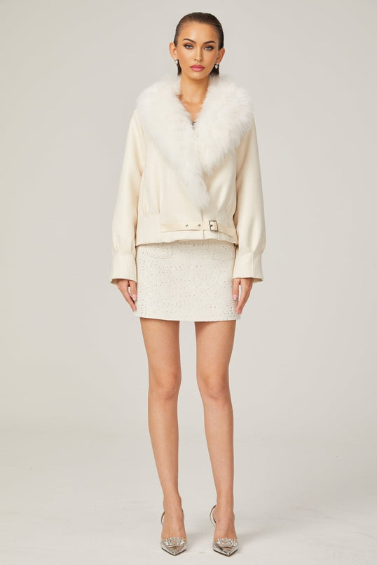 Rosaura White Faux Fur Coat Jacket Suede Artificial Fox Fur Buckle Fastening Front Pockets