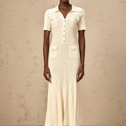 Rose Midi Dress in Neutrals ribbed knit V-neck flared hem button front four flap patch pockets stretch fabric 63% Rayon 35% Polyamide 2% Nylon elegant sophisticated luxurious comfortable