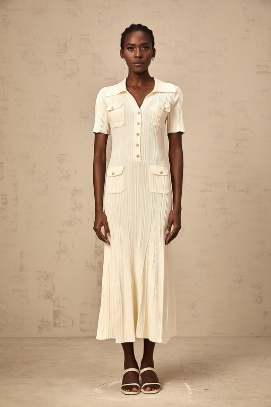 Rose Midi Dress in Neutrals ribbed knit V-neck flared hem button front four flap patch pockets stretch fabric 63% Rayon 35% Polyamide 2% Nylon elegant sophisticated luxurious comfortable
