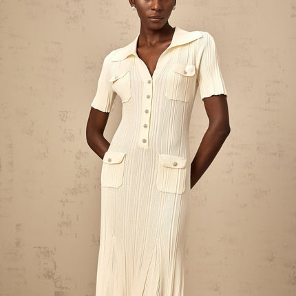 Rose Midi Dress in Neutrals Ribbed Knit V-Neck Flared Hem Button Front Four Flap Patch Pockets Stretch Fabric Elegant Sophisticated Women's Fashion