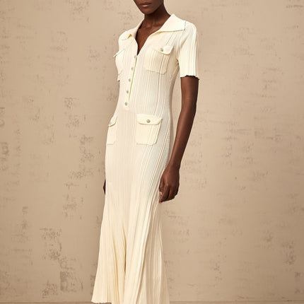 Rose Midi Dress in Neutrals ribbed knit V-neck flared hem button-front design four flap patch pockets stretch fabric 63% Rayon 35% Polyamide 2% Nylon elegant sophisticated comfortable fit versatile timeless beauty