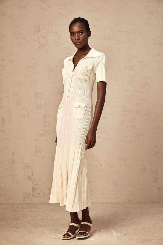 Rose Midi Dress in Neutrals ribbed knit V-neck flared hem button-front design four flap patch pockets stretch fabric 63% Rayon 35% Polyamide 2% Nylon elegant sophisticated comfortable fit versatile timeless beauty