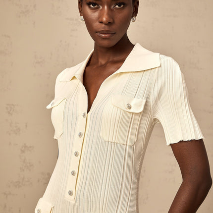 Rose Midi Dress in Neutrals ribbed knit V-neck flared hem button-front design four flap patch pockets stretch fabric 63% Rayon 35% Polyamide 2% Nylon elegant sophisticated luxurious comfortable stylish