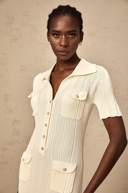 Rose Midi Dress in Neutrals ribbed knit V-neck flared hem button-front design four flap patch pockets stretch fabric 63% Rayon 35% Polyamide 2% Nylon elegant sophisticated luxurious comfortable stylish