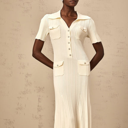 Rose Midi Dress in Neutrals ribbed knit V-neck flared hem button-front design four flap patch pockets stretch fabric 63% Rayon 35% Polyamide 2% Nylon elegant sophisticated luxurious