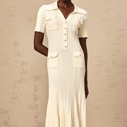 Rose Midi Dress in Neutrals ribbed knit V-neck flared hem button-front four flap patch pockets stretch fabric 63% Rayon 35% Polyamide 2% Nylon elegant sophisticated luxurious comfortable stylish versatile timeless beauty
