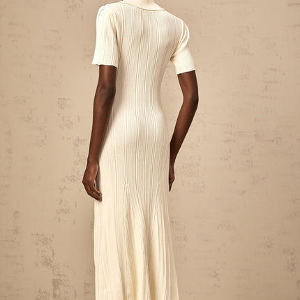 Rose Midi Dress in Neutrals ribbed knit V-neck flared hem button front four flap patch pockets stretch fabric 63% Rayon 35% Polyamide 2% Nylon elegant sophisticated luxurious comfortable stylish