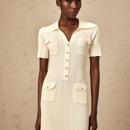 Rose Midi Dress in Neutrals ribbed knit V-neck flared hem button-front design four flap patch pockets stretch fabric 63% Rayon 35% Polyamide 2% Nylon elegant sophisticated luxurious comfortable