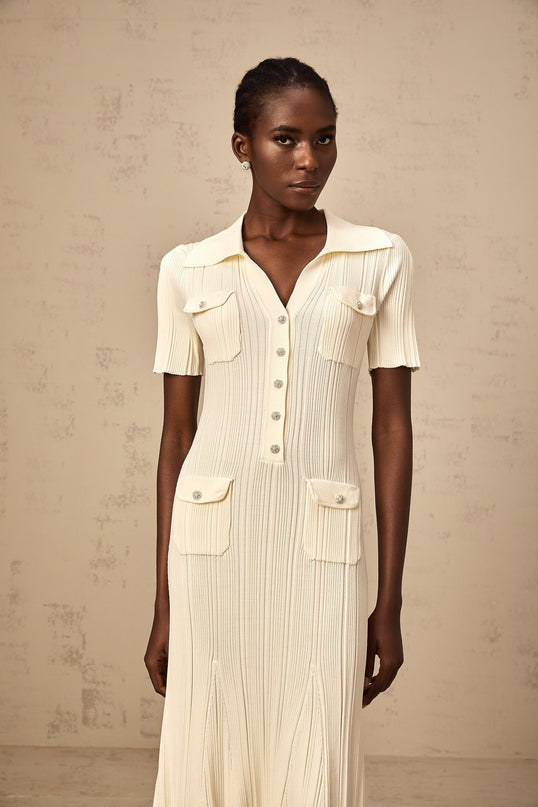 Rose Midi Dress in Neutrals ribbed knit V-neck flared hem button-front design four flap patch pockets stretch fabric 63% Rayon 35% Polyamide 2% Nylon elegant sophisticated luxurious comfortable