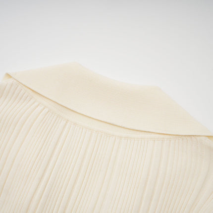 Rose Neutrals Ribbed Knit Midi Dress with V-Neck and Flared Hem
