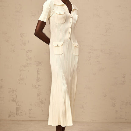 Rose Neutrals Ribbed Knit Midi Dress with V-Neck and Flared Hem