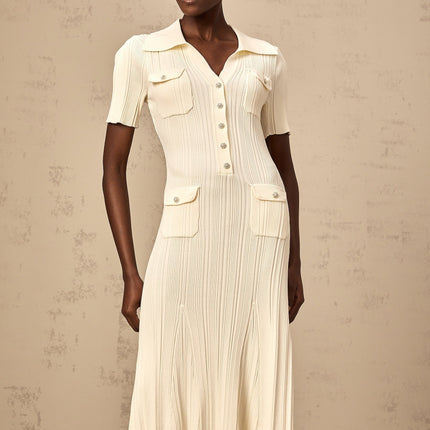 Rose Neutrals Ribbed Knit Midi Dress with V-Neck and Flared Hem