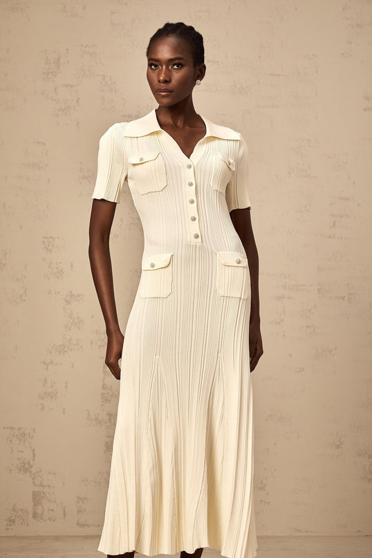 Rose Neutrals Ribbed Knit Midi Dress with V-Neck and Flared Hem
