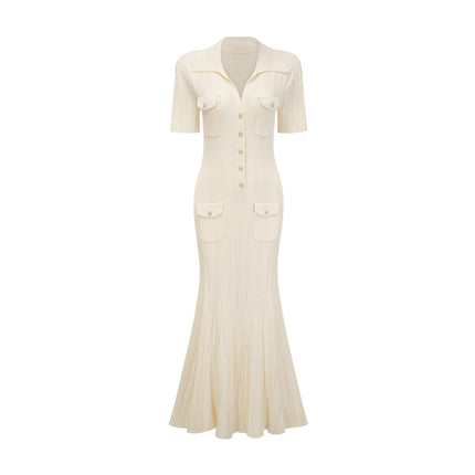 Rose Neutrals Ribbed Knit V-Neck Midi Dress with Button-Front Design and Patch Pockets