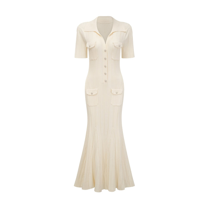 Rose Neutrals Ribbed Knit V-Neck Midi Dress with Button-Front Design and Patch Pockets